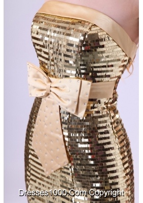 Gold Column Sequins Over Skirt Dresses for Prom with Bowknot