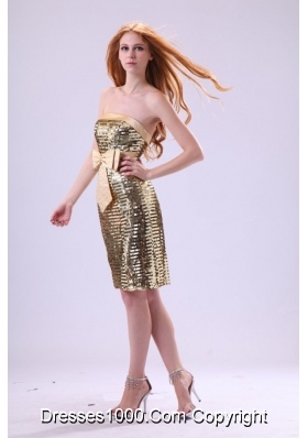 Gold Column Sequins Over Skirt Dresses for Prom with Bowknot