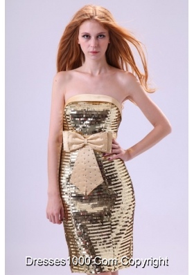 Gold Column Sequins Over Skirt Dresses for Prom with Bowknot