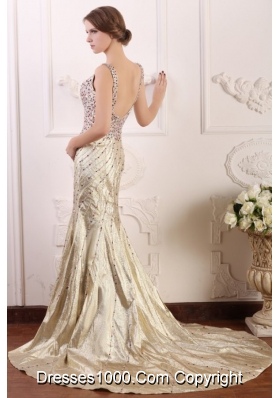 Diamonds Decorated Straps Trumpet Court Train Prom Dresses