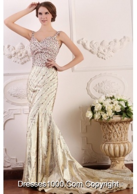 Diamonds Decorated Straps Trumpet Court Train Prom Dresses