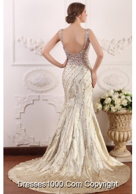 Diamonds Decorated Straps Trumpet Court Train Prom Dresses