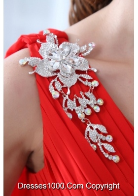 Flowers and Ruffles One Shoulder Ankle-length Red Prom Dresses