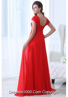 Wide Straps Empire Red Chiffon Prom Pageant Dresses with Trail