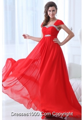 Wide Straps Empire Red Chiffon Prom Pageant Dresses with Trail