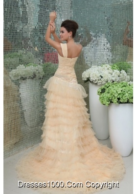 Champagne One Shoulder Ruching and Ruffled Layers Prom Dress