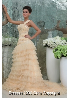 Champagne One Shoulder Ruching and Ruffled Layers Prom Dress