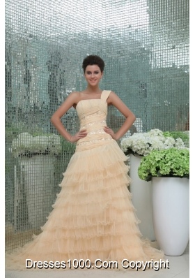 Champagne One Shoulder Ruching and Ruffled Layers Prom Dress