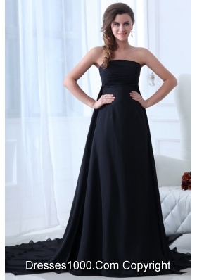 Cheap Ruching Empire Black Prom Formal Dress with Court Train