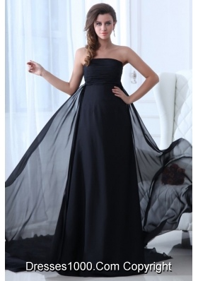 Cheap Ruching Empire Black Prom Formal Dress with Court Train