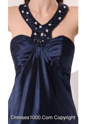 Cheap Beaded Decorated Column Taffeta Prom Dress in Navy Blue