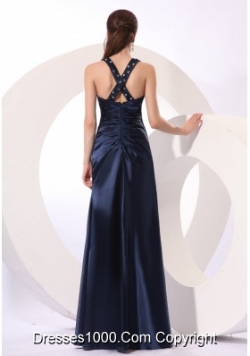 Cheap Beaded Decorated Column Taffeta Prom Dress in Navy Blue