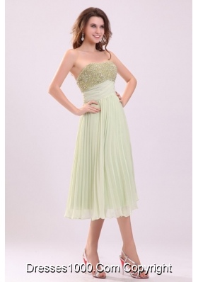 Yellow Green Empire Tea-length Prom Cocktail Dress with Sequins