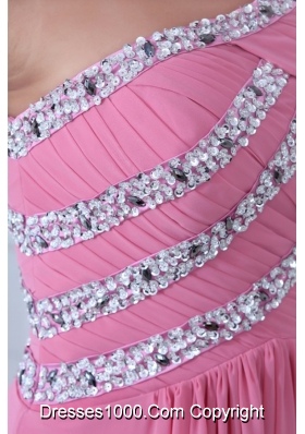 Single Shoulder Ruching and Sequins Prom Gown Dress in Pink