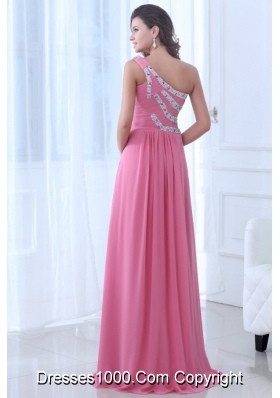 Single Shoulder Ruching and Sequins Prom Gown Dress in Pink