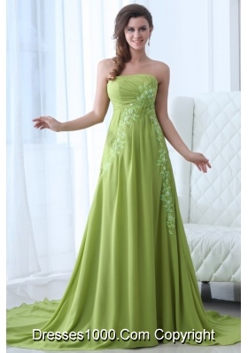 Empire Strapless Appliques and Ruching Prom Gown Dress in Green