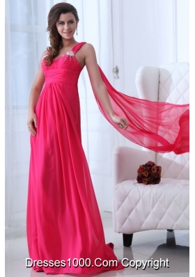 Empire Straps Hot Pink Prom Pageant Dress with Beading and Ruching