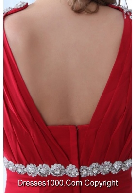 V-neck Beaded Decorated A-line Red Prom Dress with Brush Train