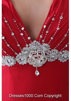 V-neck Beaded Decorated A-line Red Prom Dress with Brush Train