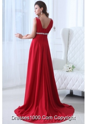 V-neck Beaded Decorated A-line Red Prom Dress with Brush Train