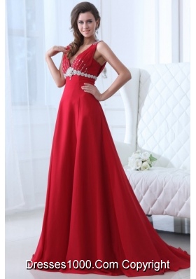 V-neck Beaded Decorated A-line Red Prom Dress with Brush Train