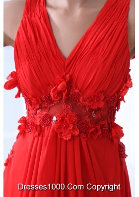 V-neck A-line Handle Flowers Red Chiffon Prom Gown for Woman