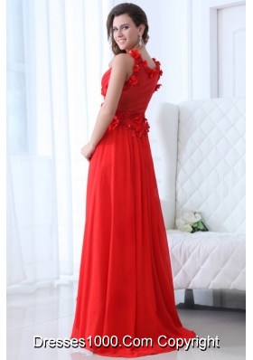 V-neck A-line Handle Flowers Red Chiffon Prom Gown for Woman