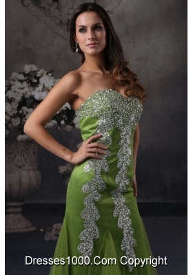 Beaded Decorated Sweetheart Column Green Tulle Prom Gowns