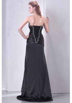 Beading and Ruching High Slit Black Prom Pageant Dress with Tail