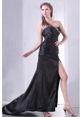 Beading and Ruching High Slit Black Prom Pageant Dress with Tail