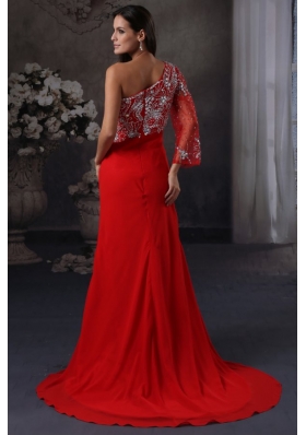 Asymmetrical Neckline Red Slit Brush Train Prom Gown Dresses