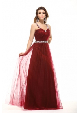 Beading Straps A-line Burgundy Tulle Prom Holiday Dress on Sale