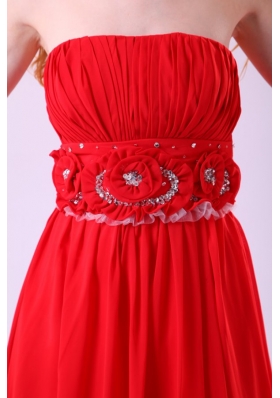 Beaded Handle Flowers Decorated Empire Red Chiffon Prom Dress