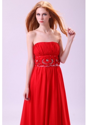 Beaded Handle Flowers Decorated Empire Red Chiffon Prom Dress