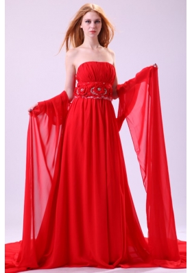 Beaded Handle Flowers Decorated Empire Red Chiffon Prom Dress