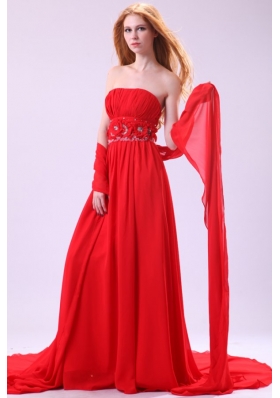 Beaded Handle Flowers Decorated Empire Red Chiffon Prom Dress