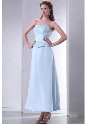 Baby Blue A-line Ankle-length Spaghetti Straps Prom Gown Dress