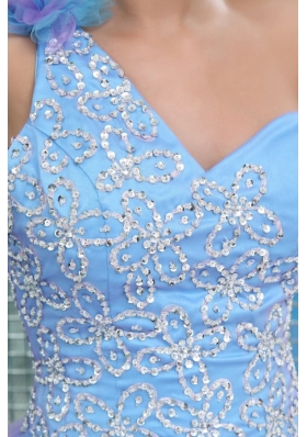 A-lien Blue One Shoulder Puffy Prom Gown Dress with Embroidery