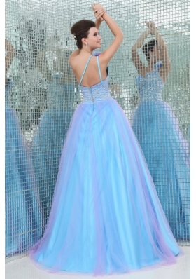 A-lien Blue One Shoulder Puffy Prom Gown Dress with Embroidery