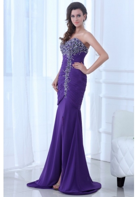 Paillettes and Ruching Slit Chiffon Prom Dress with Sweep Train