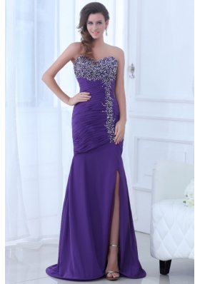 Paillettes and Ruching Slit Chiffon Prom Dress with Sweep Train