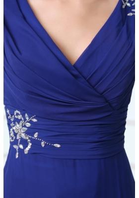 Blue Column V-neck Chiffon Prom Gown Dress with Sweep Train