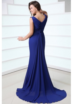 Blue Column V-neck Chiffon Prom Gown Dress with Sweep Train