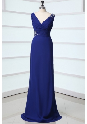 Blue Column V-neck Chiffon Prom Gown Dress with Sweep Train