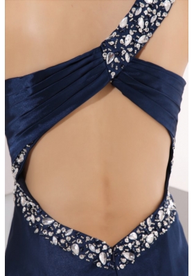 Navy Blue One Shoulder Ankle-length Prom Dresses with Beading