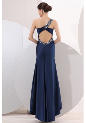 Navy Blue One Shoulder Ankle-length Prom Dresses with Beading