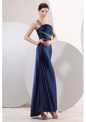 Navy Blue One Shoulder Ankle-length Prom Dresses with Beading