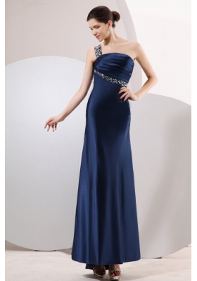 Navy Blue One Shoulder Ankle-length Prom Dresses with Beading