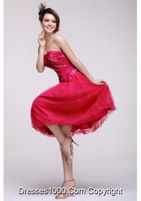 A-line Knee-length Beading Ruche and Handle Flowers Prom Gown