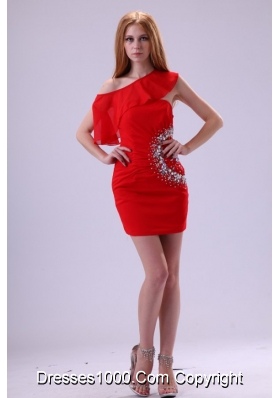 Single Shoulder Mini-length Red Prom Party Dress with Beading